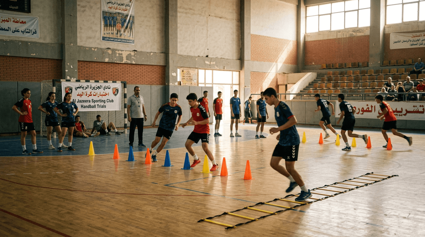 لاعبو ناشئين في القاهرة يؤدون تمارين لياقة خفيفة قبل اختبارات أكاديمية كرة اليد