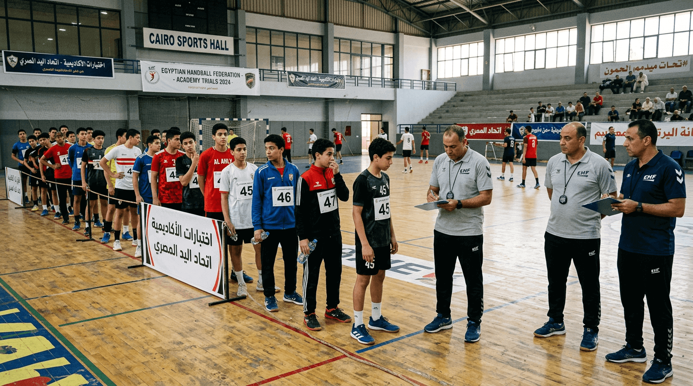 لاعبو ناشئين يصطفون في صالة كرة يد خلال اختبارات أكاديمية
