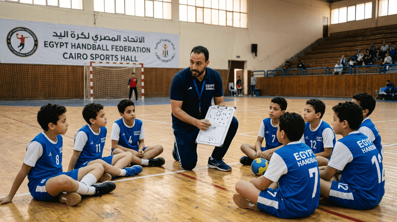 مدرب رياضي يشرح تعليمات تكتيكية لمجموعة من اللاعبين الشباب