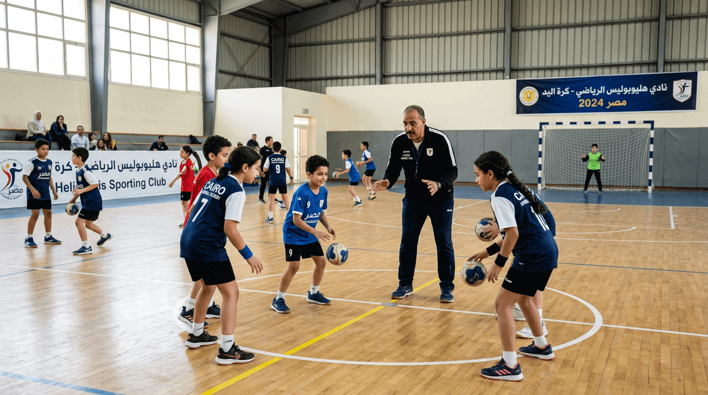 مجموعة من لاعبي كرة اليد الصغار يتدربون داخل صالة رياضية في القاهرة