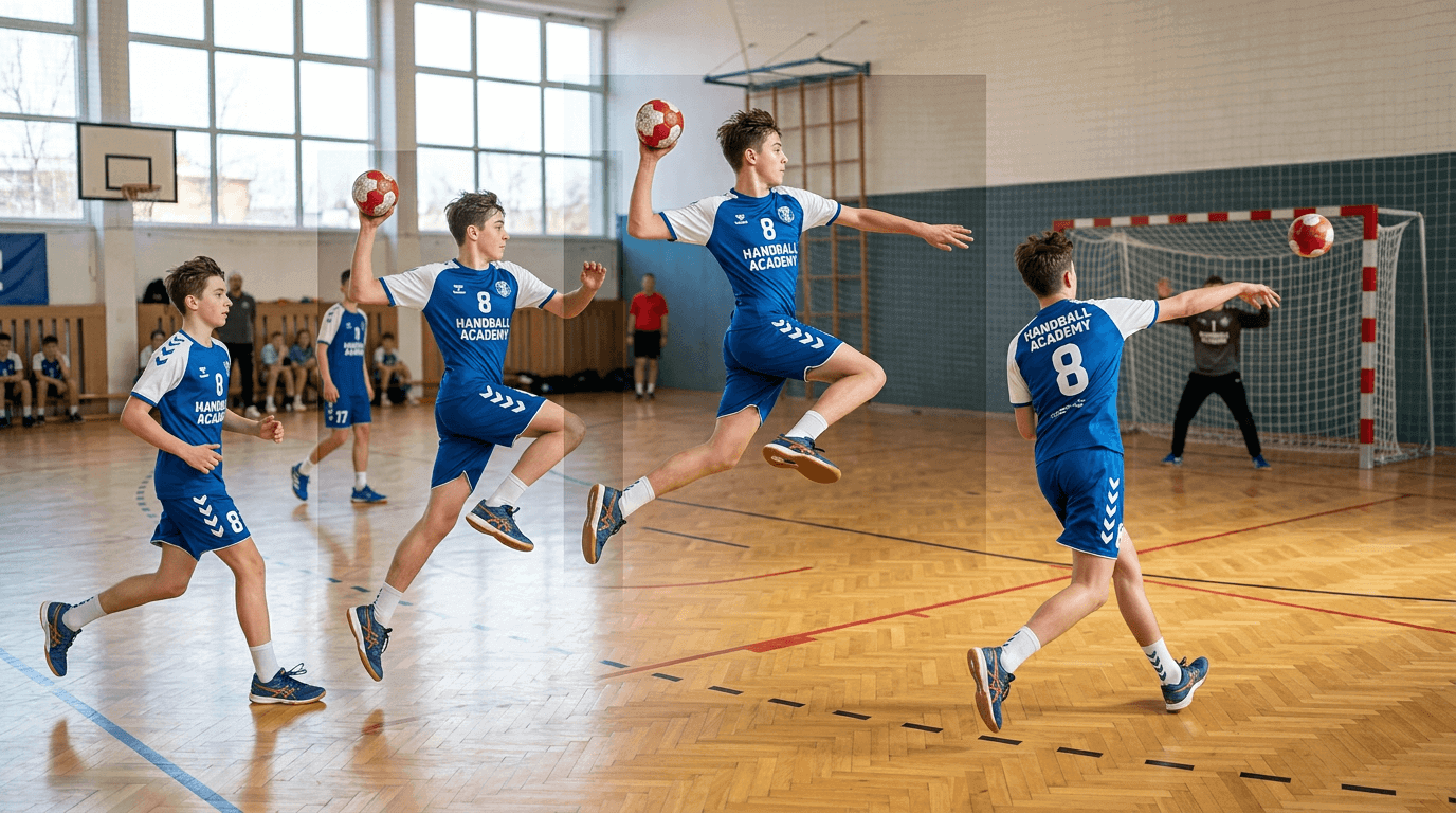 مدرب كرة يد يشرح للاعب ناشئ خطوات التصويب بالقفز مع صور متتابعة للحركة