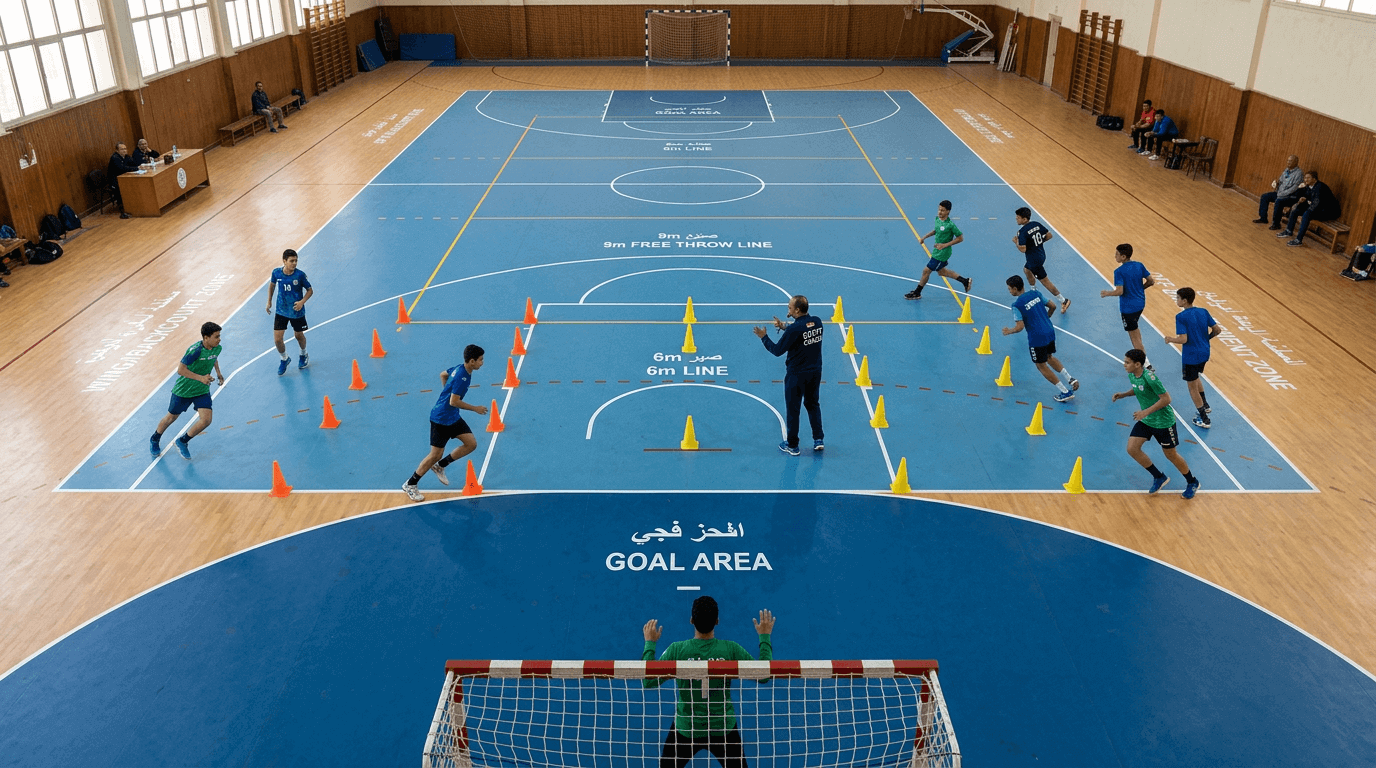 مدرب يشرح للاعبي ناشئين كيفية التحرك بدون كرة في كرة اليد باستخدام أقماع