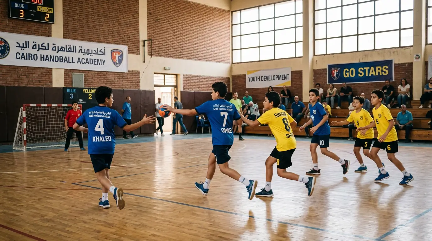 لاعب كرة يد شاب يستمع لتوجيهات المدرب داخل صالة رياضية